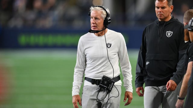 Aug 7, 2025; Seattle, Washington, USA; Las Vegas Raiders head coach Pete Carroll during the second half against the Seattle Seahawks at Lumen Field. Mandatory Credit: Steven Bisig-Imagn Images