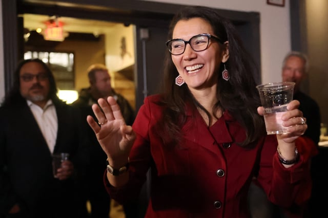 Former Representative Mary Peltola, an Alaska Democrat, speaks to reporters in Anchorage, Alaska on November 8, 2022.