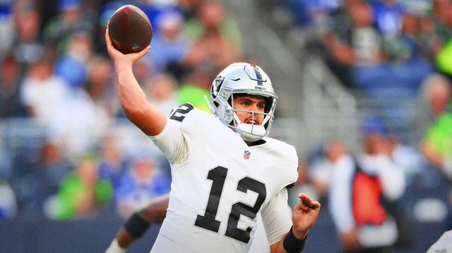 Aug 7, 2025; Seattle, Washington, USA; Las Vegas Raiders quarterback Aidan O&#39;Connell (12) passes the ball against the Seattle Seahawks during the first half at Lumen Field. Mandatory Credit: Steven Bisig-Imagn Images