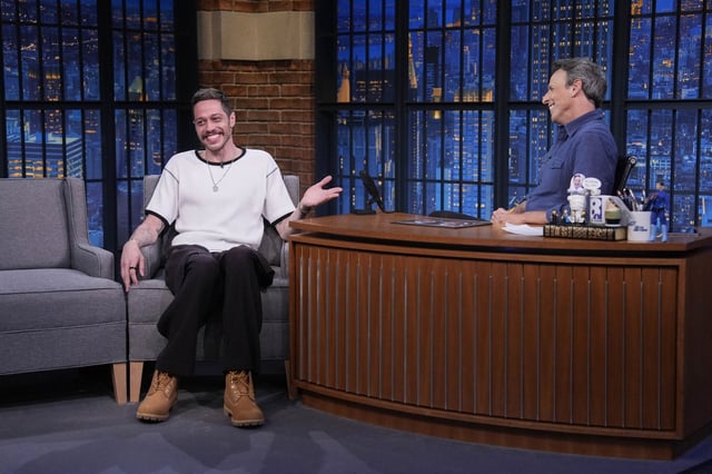 (l-r) Comedian Pete Davidson during an interview with host Seth Meyers on Late Night with Seth Meyers on August 6, 2025.
