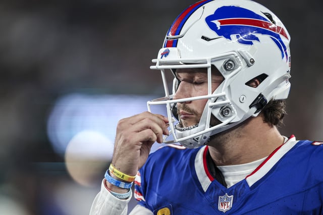 Josh Allen of the Buffalo Bills takes a smell of smelling salts on Sept. 11, 2023, in East Rutherford, N.J.