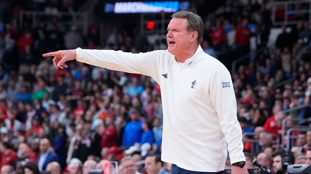 Mar 20, 2025; Providence, RI, USA; Kansas Jayhawks head coach Bill Self reacts during the second half against the Arkansas Razorbacks at Amica Mutual Pavilion. Mandatory Credit: Gregory Fisher-Imagn Images