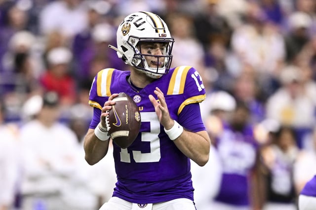 Dec 31, 2024; Houston, TX, USA; LSU Tigers quarterback Garrett Nussmeier (13) throws a pass during the first half against the Baylor Bears at NRG Stadium. The Tigers defeat the Bears 44-31. Mandatory Credit: Maria Lysaker-Imagn Images/File Photo