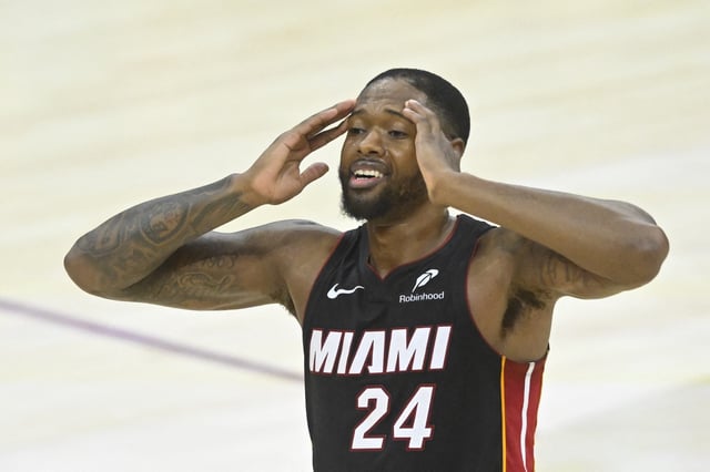 Apr 23, 2025; Cleveland, Ohio, USA; Miami Heat forward Haywood Highsmith (24) reacts in the fourth quarter of game two of the first round of the 2025 NBA Playoffs against the Cleveland Cavaliers at Rocket Arena. Mandatory Credit: David Richard-Imagn Images/File Photo
