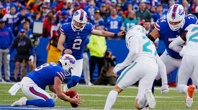 Bills kicker Tyler Bass makes the 61-yard field goal to put Bills in the lead 30-27, with five seconds left in the fourth quarter at Highmark Stadium on Nov. 3, 2024 Tina MacIntyre-Yee/Democrat and Chronicle / USA TODAY NETWORK via Imagn Images.