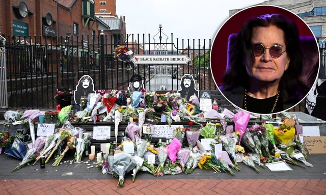 Flowers are left at a makeshift memorial on Black Sabbath Bridge in Birmingham, England  on July 23 in tribute of Ozzy Osbourne. (inset). (Getty)