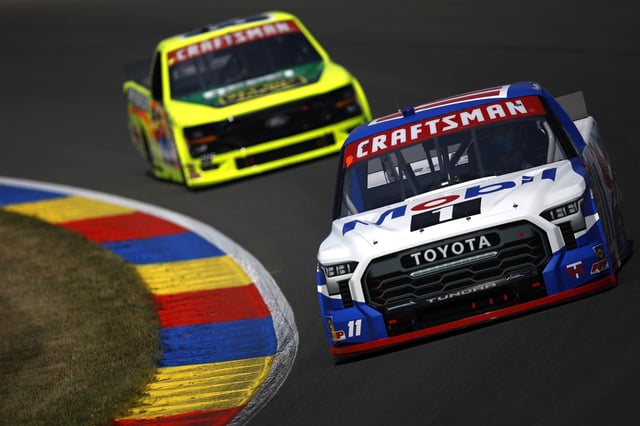 Corey Heim, driver of the #11 Mobil 1 Toyota, drives during practice for the NASCAR Craftsman Truck Series Mission 176 at The Glen at Watkins Glen International on August 08, 2025 in Watkins Glen, New York.