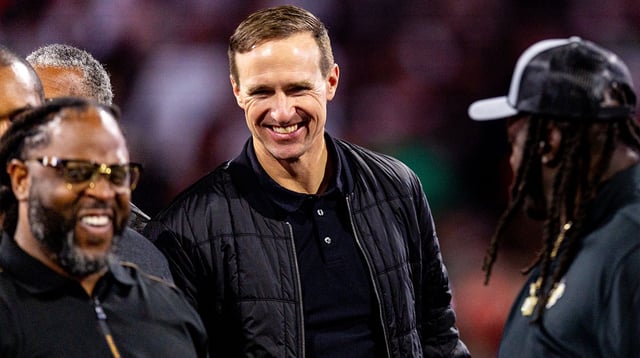 Nov 17, 2024; New Orleans, Louisiana, USA; Former New Orleans Saints quarterback Drew Brees during the half time Ring of Honor ceremony for Jahri Evans at Caesars Superdome. Mandatory Credit: Stephen Lew-Imagn Images