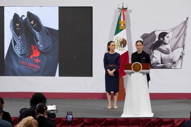 Marina Nunez Bespalova, Mexico’s Undersecretary of Cultural Development, speaks during President Claudia Sheinbaum’s morning press conference at the National Palace to condemn Adidas and U.S. designer Willy Chavarria over the “Oaxaca Slip On” shoe, accused of misappropriating a sandal design rooted in Zapotec Indigenous heritage, in Mexico City, Mexico, August 8, 2025. Presidencia de Mexico/Handout via REUTERS