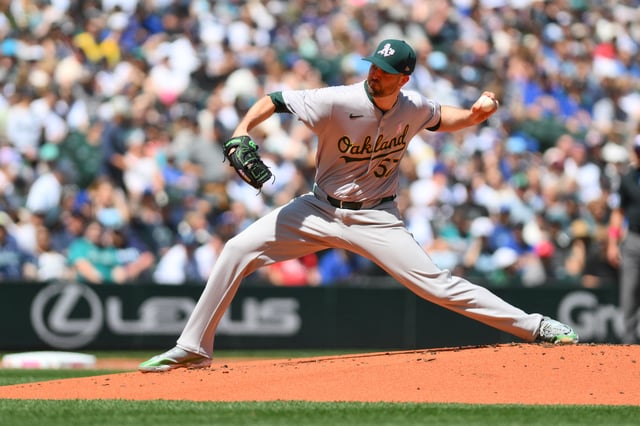 May 12, 2024; Seattle, Washington, USA; Oakland Athletics starting pitcher Alex Wood (57) pitches to the Seattle Mariners during the first inning at T-Mobile Park. Mandatory Credit: Steven Bisig-USA TODAY Sports/File Photo