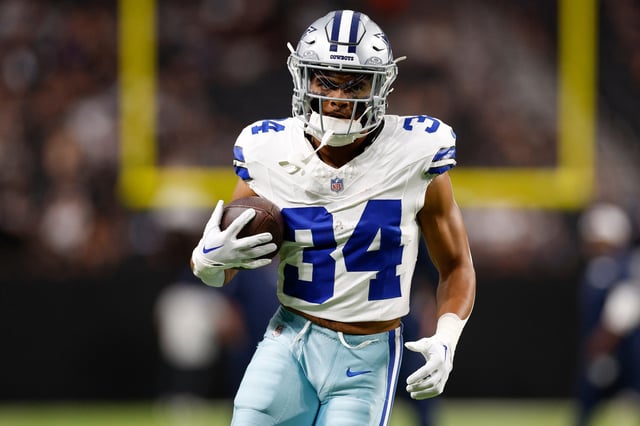 Malik Davis #34 of the Dallas Cowboys warms up prior to a preseason game against the Las Vegas Raiders at Allegiant Stadium on August 17, 2024 in Las Vegas, Nevada.