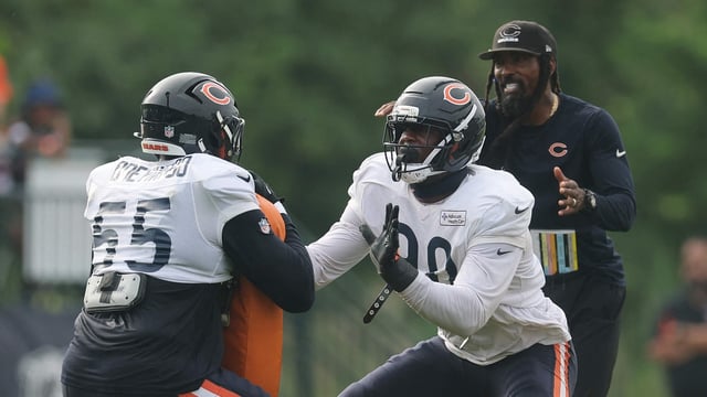 Chicago Bears' Dominique Robinson and Dayo Odeyingbo at Bears Training Camp at Halas Hall on July 28, 2025 in Lake Forest, Illinois. 