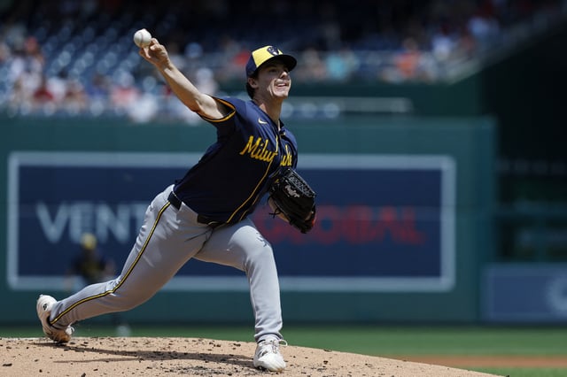Aug 3, 2025; Washington, District of Columbia, USA; Milwaukee Brewers starting pitcher Logan Henderson (43) pitches against the Washington Nationals during the first inning at Nationals Park. Mandatory Credit: Geoff Burke-Imagn Images/File Photo