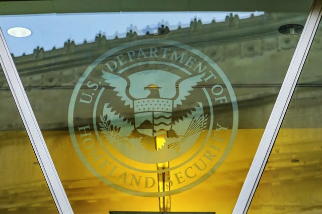 Department of Homeland Security US Department of Homeland Security Symbol Ronald Reagan International Trade Building Washington DC. Image for illustration purposes only.
