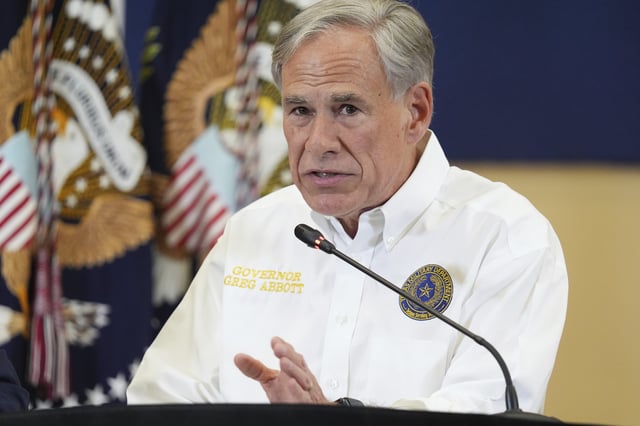 Texas Gov. Greg Abbott speaks during a roundtable discussion with President Donald Trump, first responders and local officials at Hill Country Youth Event Center in Kerrville, Texas, during a tour to observe flood damage, Friday, July 11, 2025.