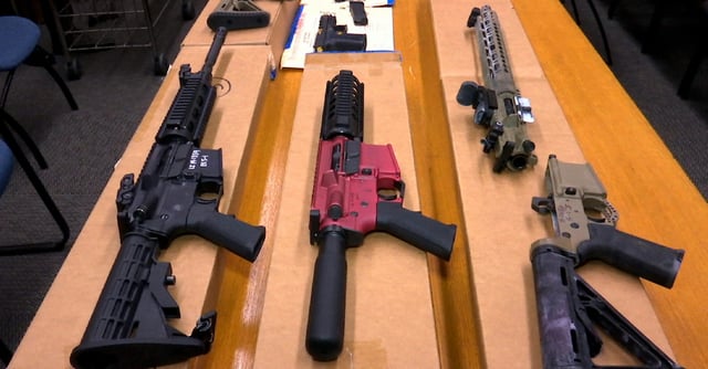 FILE - This Nov. 27, 2019, file photo shows "ghost guns" on display at the headquarters of the San Francisco Police Department in San Francisco. The Biden administration is expected to come out within days with its long-awaited ghost gun rule. The aim is to rein in privately made firearms without serial numbers. They're increasingly cropping up at crime scenes across the U.S. Three people familiar with the matter tell The Associated Press the rule could be released as soon as Monday, April 11,2022. They could not discuss the matter publicly and spoke to AP on condition of anonymity. (AP Photo/Haven Daley, File)