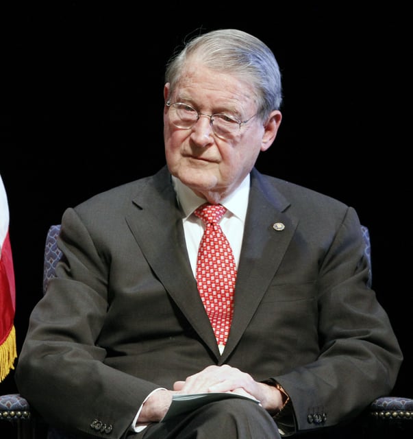 FILE - Former FBI Director William H. Webster looks on during the commemoration of the bloodiest events in the Bureau's history on the 25th anniversary of a Miami shootout in which two agents were killed, in North Miami Beach, Fla., April 11, 2011. (AP Photo/Alan Diaz, File)