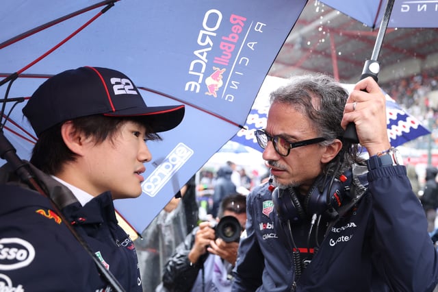 Yuki Tsunoda of Japan and Oracle Red Bull Racing with Laurent Mekies, Team Principal of Oracle Red Bull Racing during the F1 Grand Prix of Belgium at Circuit de Spa-Francorchamps on July 27, 2025 in Spa, Belgium.