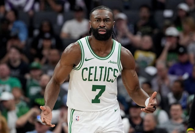 Jaylen Brown #7 of the Boston Celtics reacts after a no foul call against the Sacramento Kings during the second half of an NBA basketball game at Golden 1 Center on March 24, 2025 in Sacramento, California.