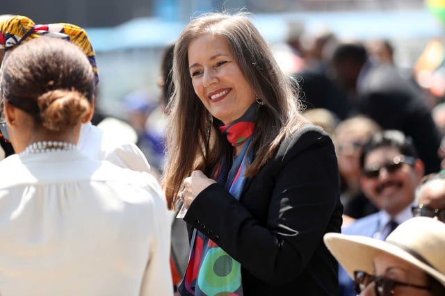 Former Oakland Mayor Libby Schaaf arrives for Barbara Lee’s inauguration in Jack London Square in Oakland on June 8, 2025.