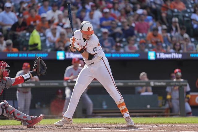 May 26, 2025; Baltimore, Maryland, USA; Baltimore Orioles first baseman Ryan Mountcastle (6) gets hit by a pitch against the St. Louis Cardinals during the fifth inning at Oriole Park at Camden Yards. Mandatory Credit: Gregory Fisher-Imagn Images/File Photo
