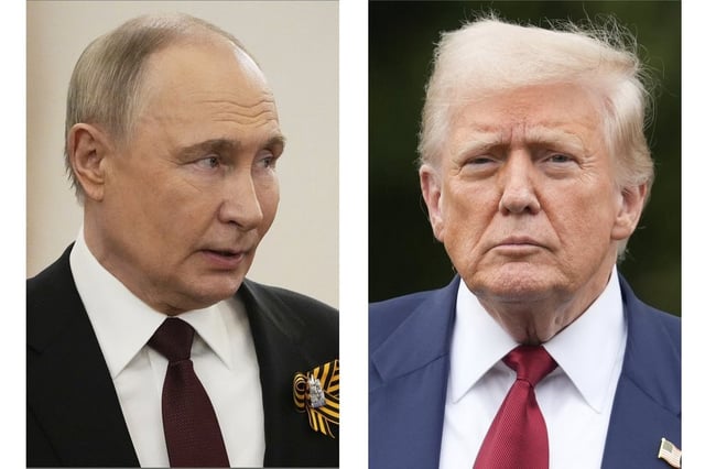 FILE - This combination of photos shows Russian President Vladimir Putin, left, in Moscow on May 9, 2025, and U.S. President Donald Trump in Washington on Aug. 1. (AP Photo/Alexander Zemlianichenko, Pool, Mark Schiefelbein, File)