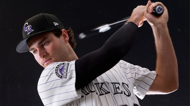 Feb 20, 2025; Scottsdale, AZ, USA; Colorado Rockies infielder Kyle Karros (80) as shot during MLB Media Day at Salt River Fields. Mandatory Credit: Allan Henry-Imagn Images