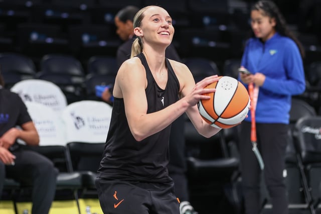 Aug 5, 2025; Brooklyn, New York, USA;  Dallas Wings guard Paige Bueckers (5) warms up prior to the game against the New York Liberty at Barclays Center. Mandatory Credit: Wendell Cruz-Imagn Images