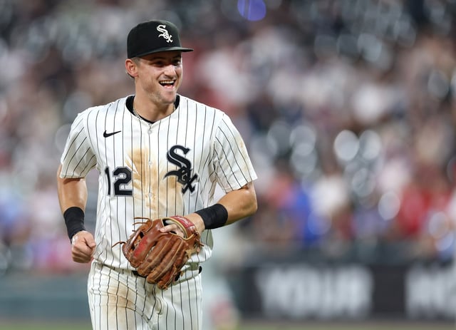 White Sox third baseman Colson Montgomery laughs as he runs to the dugout after the eighth inning against the Phillies on July 29, 2025, at Rate Field. (Chris Sweda/Chicago Tribune)