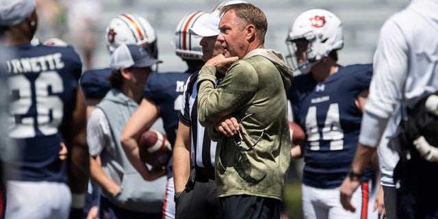 Auburn Tigers head coach Hugh Freeze watches on during Auburn Tigers A-Day football practice at Jordan-Hare Stadium in Auburn, Ala., on Saturday, April 12, 2025. Jake Crandall/ Advertiser / USA TODAY NETWORK via Imagn Images
