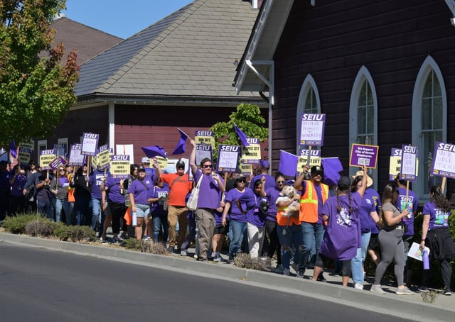 Novato workers with Service Employees International Union Local 1021 picket outside City Hall during a strike on Tuesday, Aug. 5, 2025. The group&#39;s contract expired in June. (Sherry LaVars/Marin Independent Journal)
