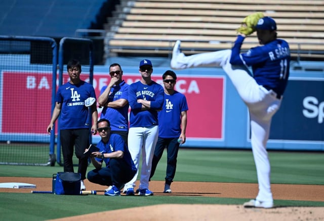 Roki Sasaki #11 of the Dodgers throws live batting practice prior to a baseball game against the Toronto Blue Jays at Dodger Stadium in Los Angeles on Friday, Aug. 8, 2025. (Photo by Keith Birmingham, Pasadena Star-News/ SCNG)