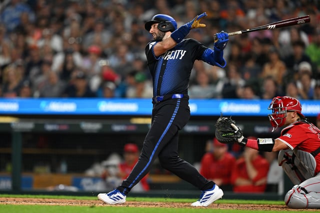 Aug 8, 2025; Detroit, Michigan, USA; Detroit Tigers outfielder Matt Vierling (8) hits a three-run home run against the Los Angeles Angels in the eighth inning at Comerica Park. Mandatory Credit: Lon Horwedel-Imagn Images