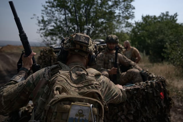 Ukrainian troops search for Russian reconnaissance devices using anti-aircraft FPV drones on July 18, 2025 in Donetsk Region, near Kostiantynivka Frontline, Ukraine.