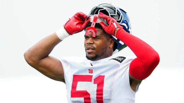 New York Giants linebacker Abdul Carter (51) is shown as he pauses from practice, Sunday, July 27, 2025, in East Rutherford.