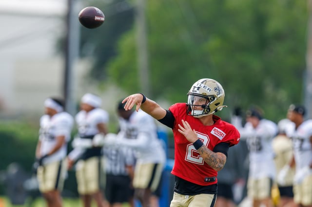 Jul 30, 2025; New Orleans, LA, USA;  New Orleans Saints quarterback Spencer Rattler (2) during training camp at Ochsner Sports Performance Center. Mandatory Credit: Stephen Lew-Imagn Images/File Photo