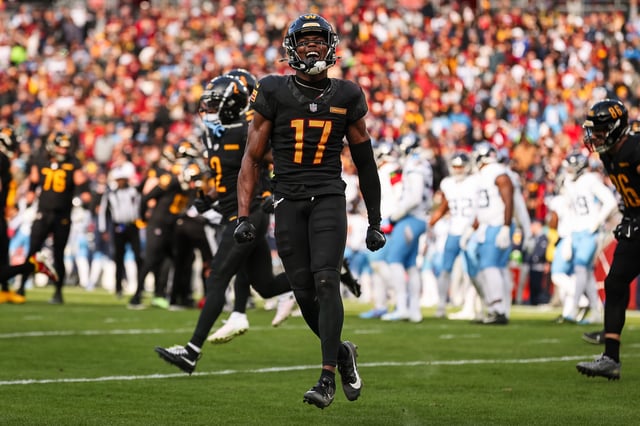 Terry McLaurin #17 of the Washington Commanders celebrates after a touchdown against the Tennessee Titans during the first half of the game at Northwest Stadium on December 1, 2024 in Landover, Maryland.
