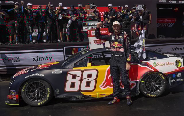 Shane Van Gisbergen, driver of the #88 Red Bull Chevrolet, celebrates in victory lane after winning the NASCAR Cup Series Toyota/Save Mart 350 at Sonoma Raceway on July 13, 2025 in Sonoma, California.