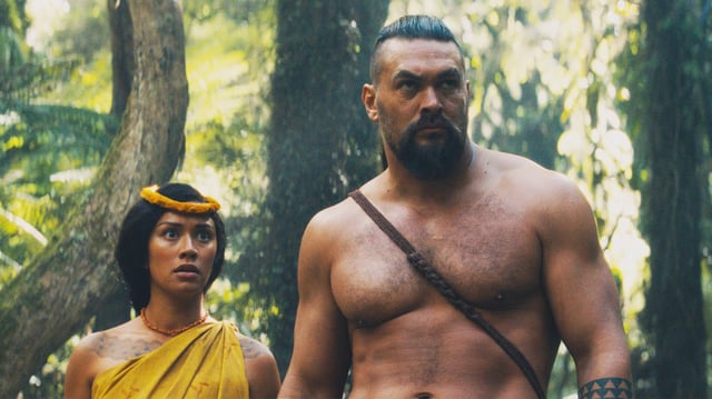 Luciane Buchanan and Jason Momoa in Chief of War,, the newest hit series on Apple TV+.