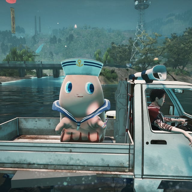 Disgraced Yakuza lieutenant Michizane Sugawara crosses a waterway in his modified Kei truck/boat while his severed toe mascot partner sits in the back.