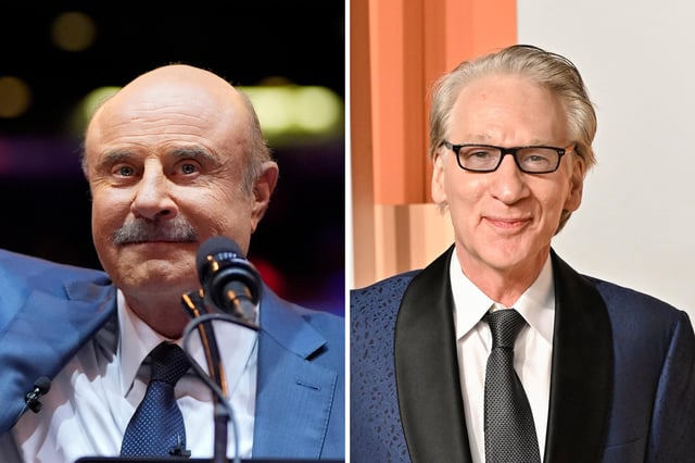 (L): Dr. Phil speaks before Republican presidential nominee former President Donald Trump at a campaign rally at Madison Square Garden, Sunday, Oct. 27, 2024, in New York. (R): Bill Maher arrives at the Vanity Fair Oscar Party on Sunday, March 2, 2025, at the Wallis Annenberg Center for the Performing Arts in Beverly Hills, Calif.