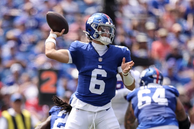 Jaxson Dart #6 of the New York Giants throws a pass during the first quarter of an NFL Preseason 2025 game between New York Giants and Buffalo Bills at Highmark Stadium on August 09, 2025 in Orchard Park, New York.
