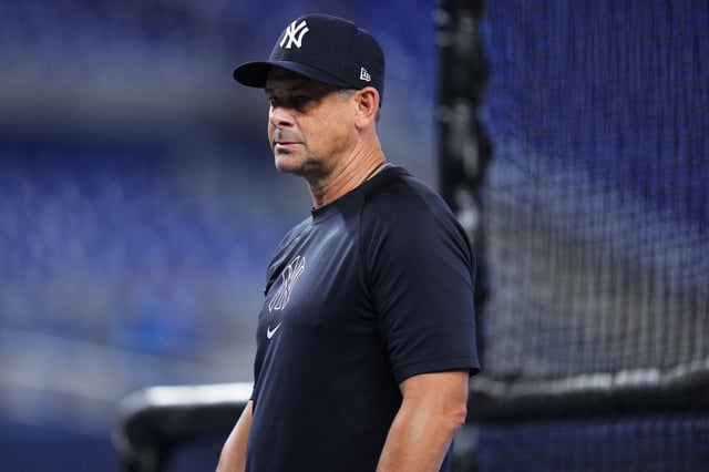 MIAMI, FLORIDA - AUGUST 02: New York Yankees manager Aaron Boone looks on during batting practice prior to a game against the Miami Marlins at loanDepot park on August 02, 2025 in Miami, Florida.