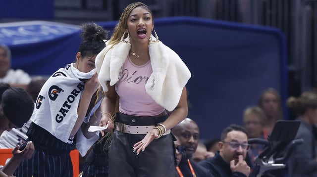 Jul 27, 2025; Chicago, Illinois, USA; Injured Chicago Sky forward Angel Reese (5) reacts from the bench during the first half of a basketball game against the Indiana Fever at United Center. Mandatory Credit: Kamil Krzaczynski-Imagn Images