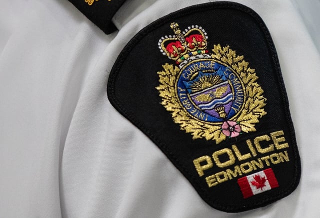 Edmonton Police Service shoulder badge is seen in Edmonton, on Tuesday, Aug 1, 2023. THE CANADIAN PRESS/Jason Franson.