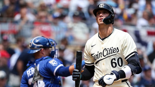 May 25, 2025; Minneapolis, Minnesota, USA; Minnesota Twins right fielder Carson McCusker (60) reacts to his strikeout against the Kansas City Royals during the second inning at Target Field. Mandatory Credit: Matt Krohn-Imagn Images.