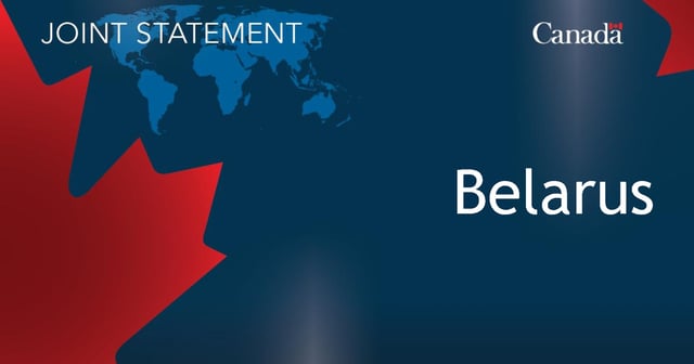 Image of the map of the world, with half of the maple leaf, and the Canada logo, with the following text overlayed - Joint statement: Belarus.