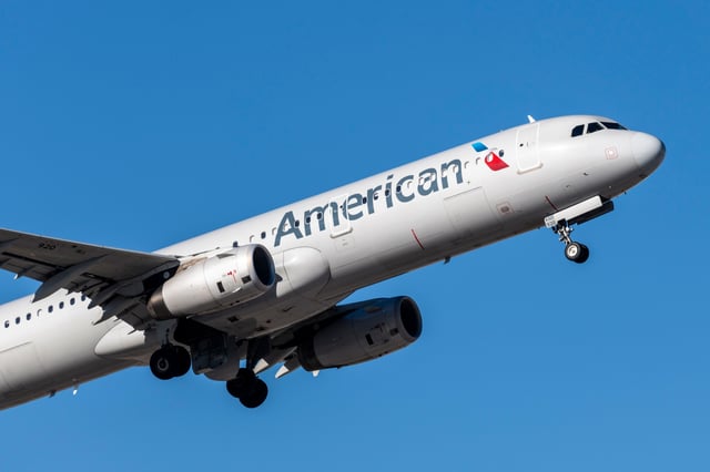 American Airlines plane landing at McCarran International airport.