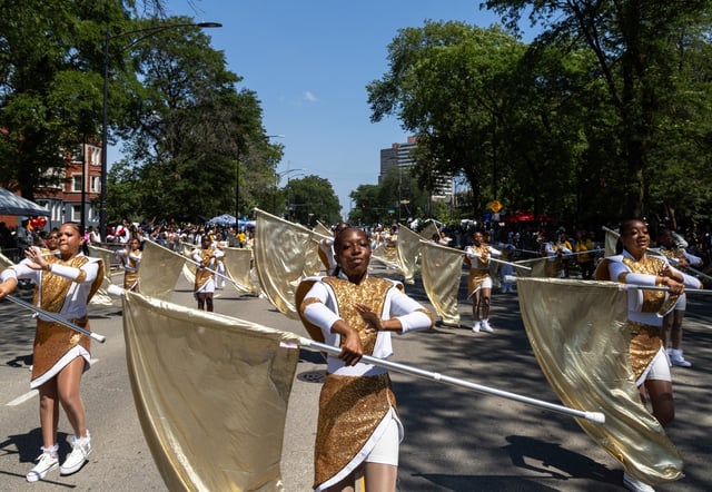 The South Shore Drill Team performs during the 96th Annual Bud Billiken Parade Saturday, Aug. 9, 2025 in Chicago’s Bronzeville neighborhood. (Dominic Di Palermo/Chicago Tribune)