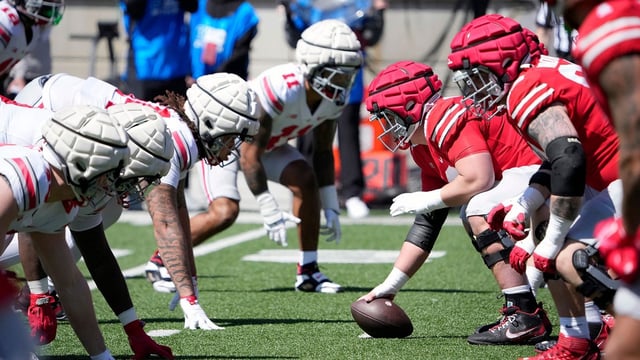 The Scarlet team takes on Gray team during the Ohio State football spring game at Ohio Stadium on April 12, 2025.